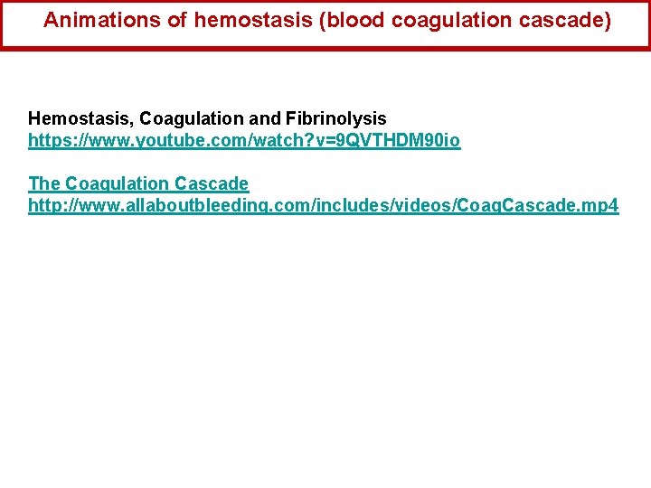 Animations of hemostasis (blood coagulation cascade) Hemostasis, Coagulation and Fibrinolysis https: //www. youtube. com/watch?