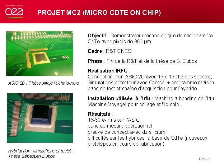 PROJET MC 2 (MICRO CDTE ON CHIP) Objectif : Démonstrateur technologique de microcaméra Cd.