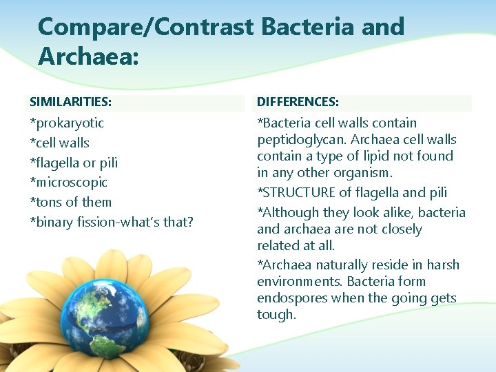 Compare/Contrast Bacteria and Archaea: SIMILARITIES: DIFFERENCES: *prokaryotic *cell walls *flagella or pili *microscopic *tons