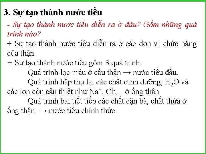 3. Sự tạo thành nước tiểu - Sự tạo thành nước tiểu diễn ra