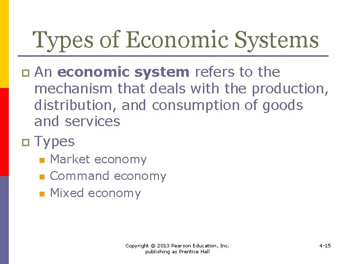 Types of Economic Systems An economic system refers to the mechanism that deals with