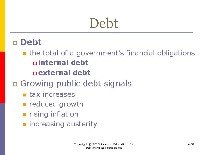 Debt p Debt n p the total of a government’s financial obligations p internal