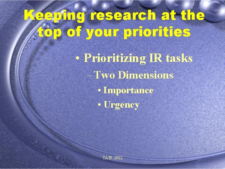 Keeping research at the top of your priorities • Prioritizing IR tasks – Two