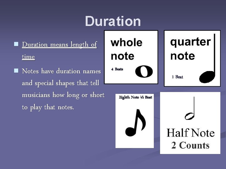 Duration means length of time n Notes have duration names and special shapes that