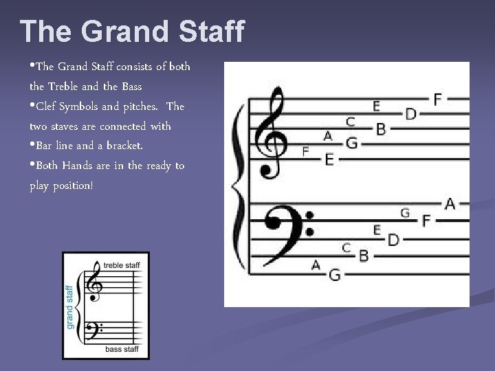 The Grand Staff • The Grand Staff consists of both the Treble and the