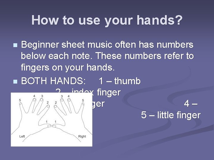 How to use your hands? Beginner sheet music often has numbers below each note.