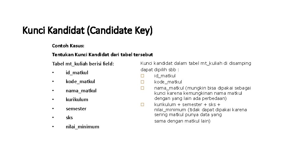 Kunci Kandidat (Candidate Key) Contoh Kasus: Tentukan Kunci Kandidat dari tabel tersebut Tabel mt_kuliah