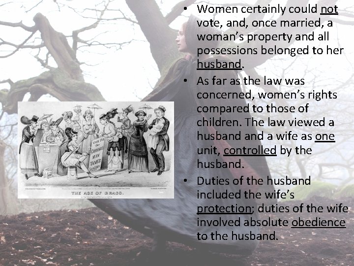  • Women certainly could not vote, and, once married, a woman’s property and