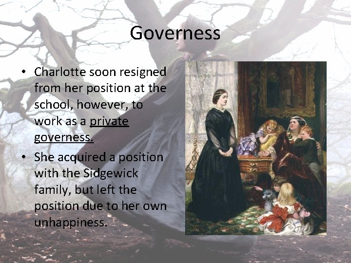 Governess • Charlotte soon resigned from her position at the school, however, to work