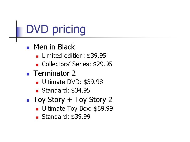 DVD pricing n Men in Black n n n Terminator 2 n n n