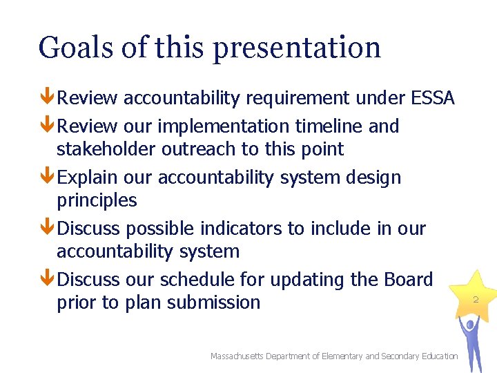 Goals of this presentation Review accountability requirement under ESSA Review our implementation timeline and