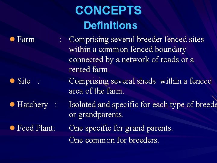 CONCEPTS Definitions l Farm l Site : : Comprising several breeder fenced sites within