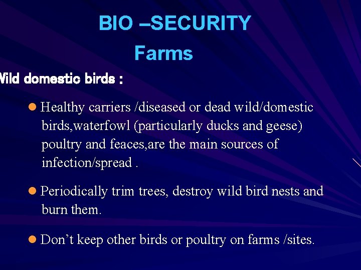 BIO –SECURITY Farms Wild domestic birds : l Healthy carriers /diseased or dead wild/domestic