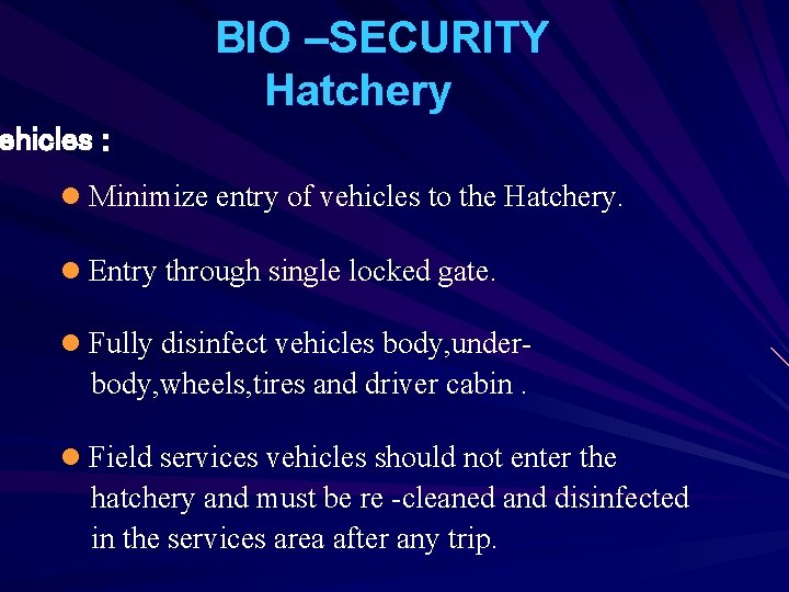 BIO –SECURITY Hatchery ehicles : l Minimize entry of vehicles to the Hatchery. l
