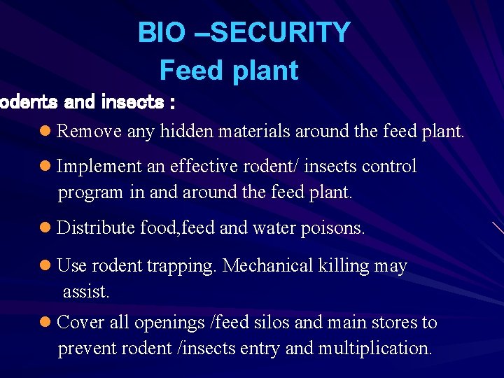 BIO –SECURITY Feed plant odents and insects : l Remove any hidden materials around