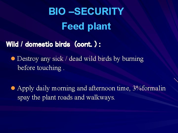BIO –SECURITY Feed plant Wild / domestic birds (cont. ) : l Destroy any