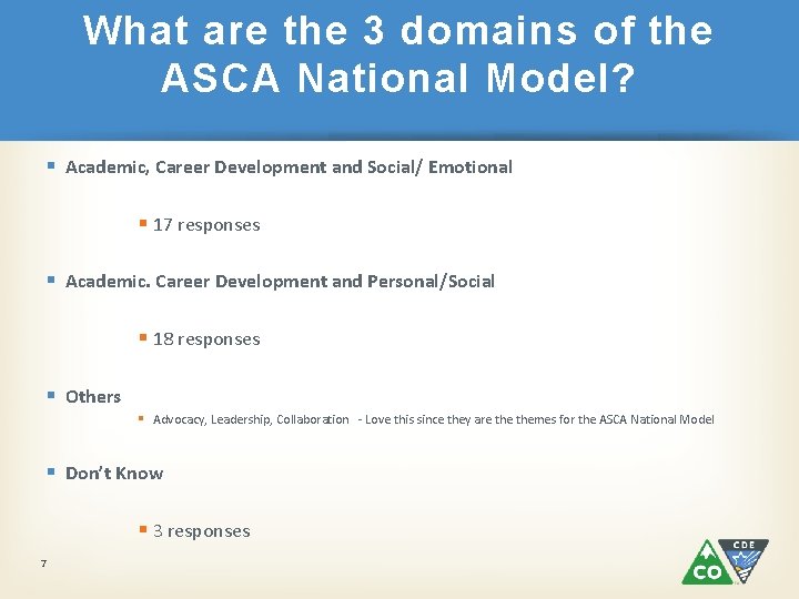 What are the 3 domains of the ASCA National Model? § Academic, Career Development