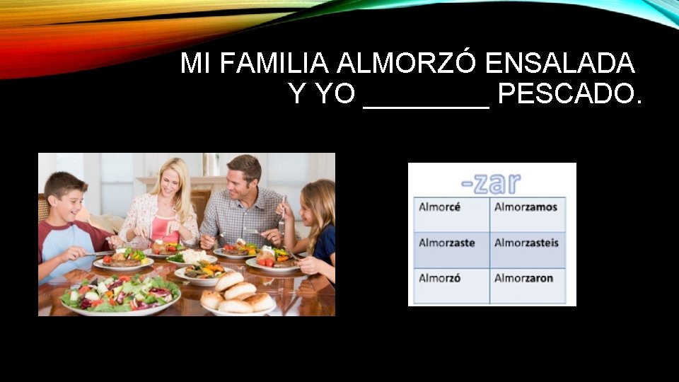 MI FAMILIA ALMORZÓ ENSALADA Y YO ____ PESCADO. 