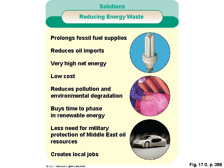 Solutions Reducing Energy Waste Prolongs fossil fuel supplies Reduces oil imports Very high net