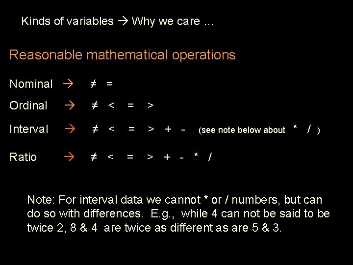 Kinds of variables Why we care … Reasonable mathematical operations Nominal ≠ = Ordinal