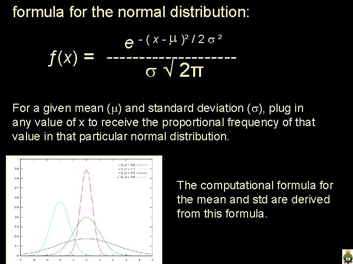 formula for the normal distribution: e - ( x - )² / 2 ²