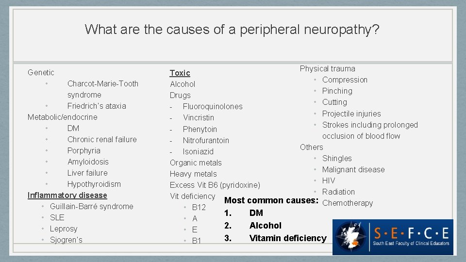 What are the causes of a peripheral neuropathy? Genetic • Charcot-Marie-Tooth syndrome • Friedrich’s