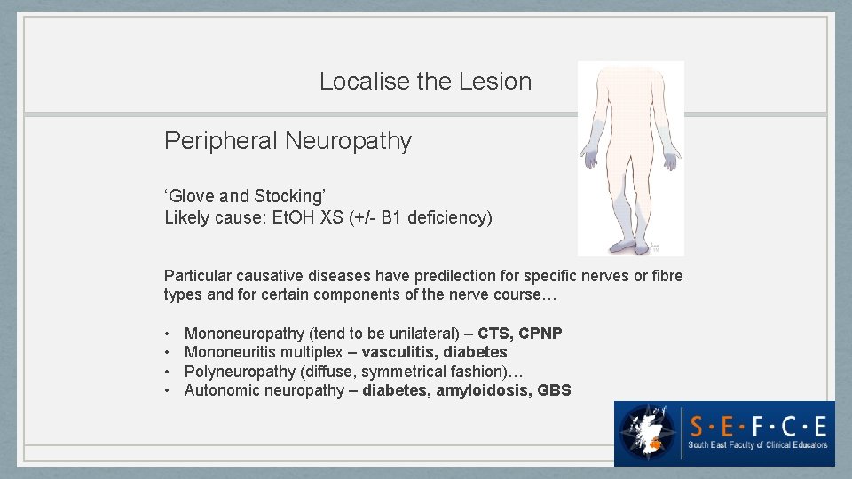 Localise the Lesion Peripheral Neuropathy ‘Glove and Stocking’ Likely cause: Et. OH XS (+/-