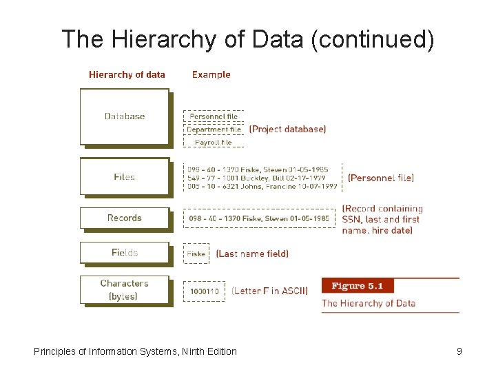 The Hierarchy of Data (continued) Principles of Information Systems, Ninth Edition 9 