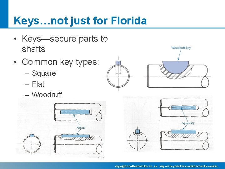 Keys…not just for Florida • Keys—secure parts to shafts • Common key types: –