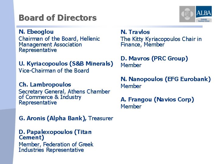 Board of Directors N. Ebeoglou Chairman of the Board, Hellenic Management Association Representative U.