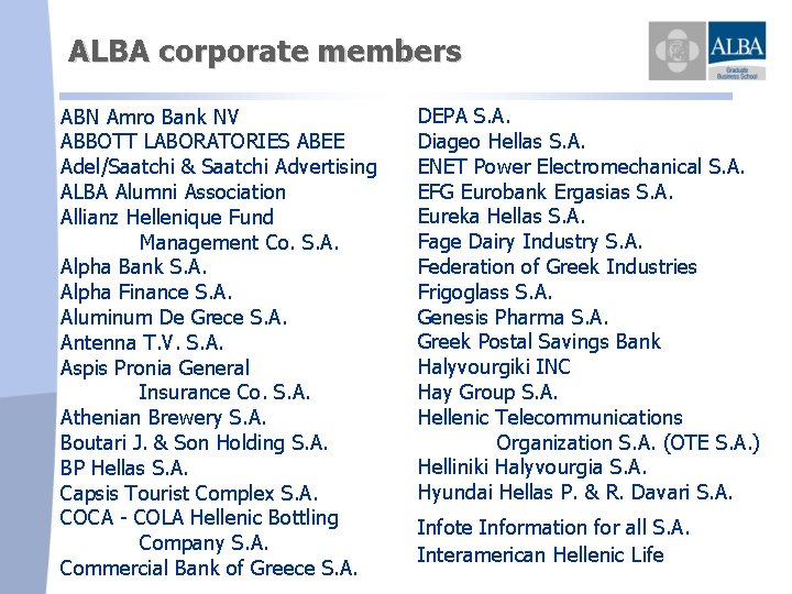 ALBA corporate members ABN Amro Bank NV ABBOTT LABORATORIES ABEE Adel/Saatchi & Saatchi Advertising