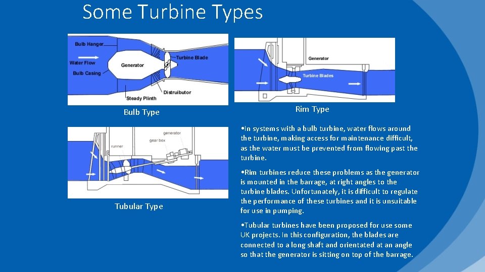 Some Turbine Types Bulb Type Rim Type • In systems with a bulb turbine,