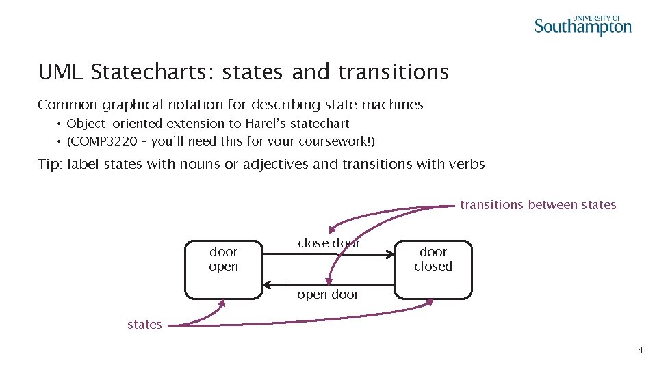 UML Statecharts: states and transitions Common graphical notation for describing state machines • Object-oriented