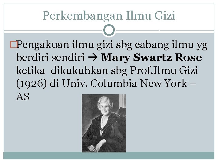 Perkembangan Ilmu Gizi �Pengakuan ilmu gizi sbg cabang ilmu yg berdiri sendiri Mary Swartz