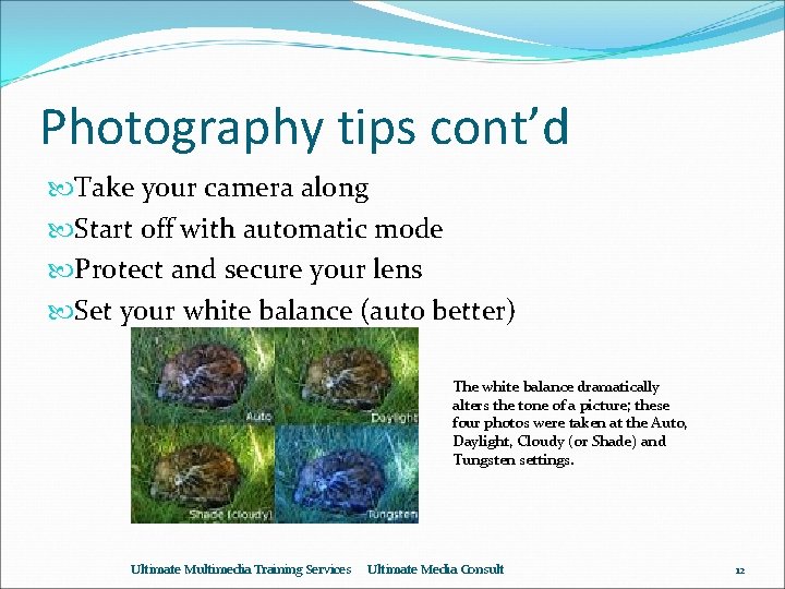 Photography tips cont’d Take your camera along Start off with automatic mode Protect and