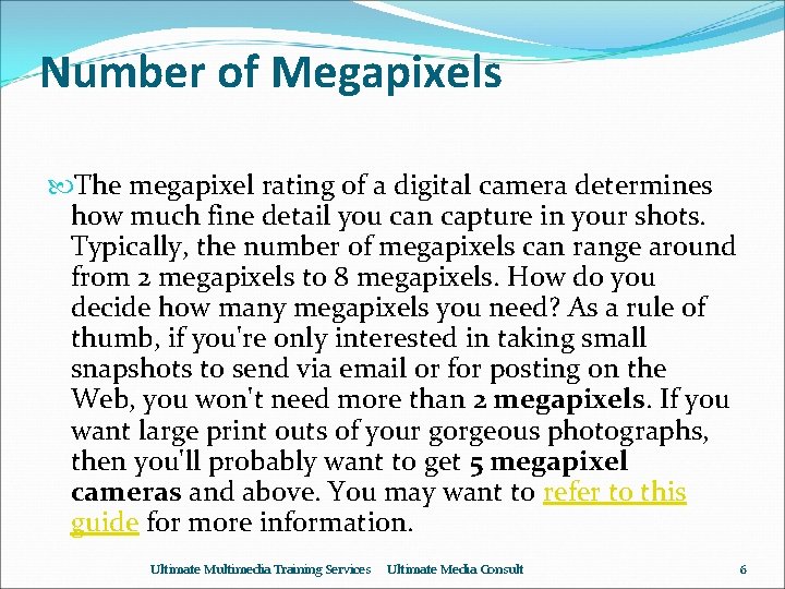 Number of Megapixels The megapixel rating of a digital camera determines how much fine