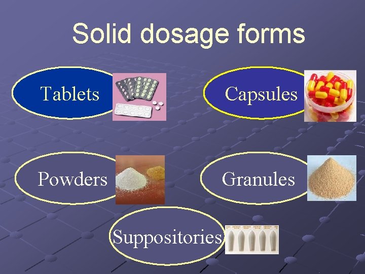 Solid dosage forms Tablets Capsules Powders Granules Suppositories 