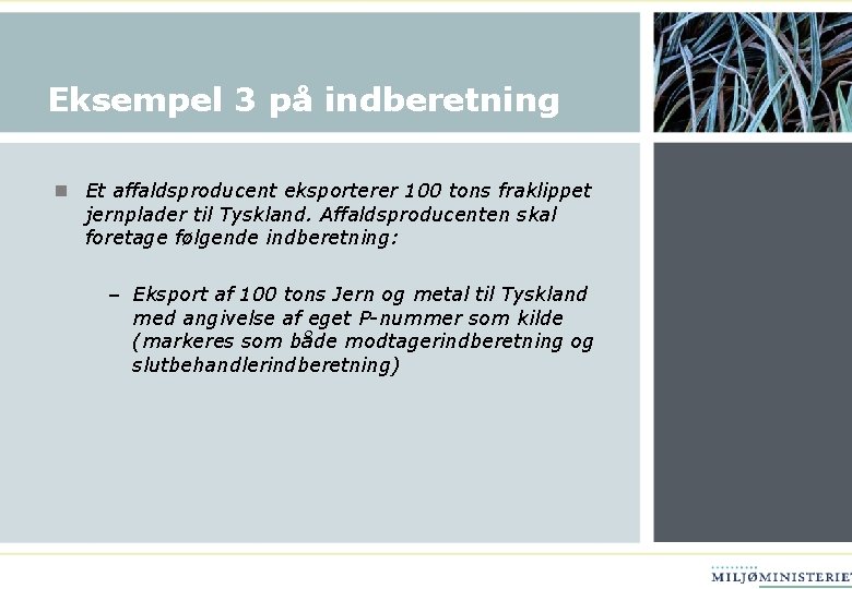 Eksempel 3 på indberetning n Et affaldsproducent eksporterer 100 tons fraklippet jernplader til Tyskland.