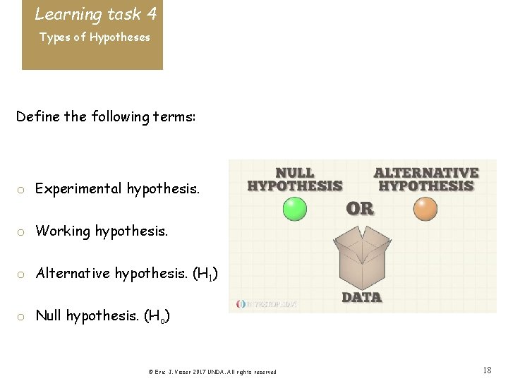 Learning task 4 Types of Hypotheses Define the following terms: o Experimental hypothesis. o