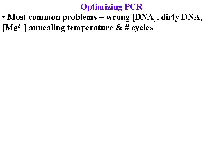 Optimizing PCR • Most common problems = wrong [DNA], dirty DNA, [Mg 2+] annealing