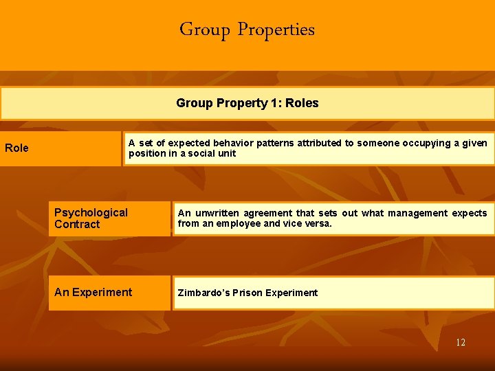 Group Properties Group Property 1: Roles A set of expected behavior patterns attributed to