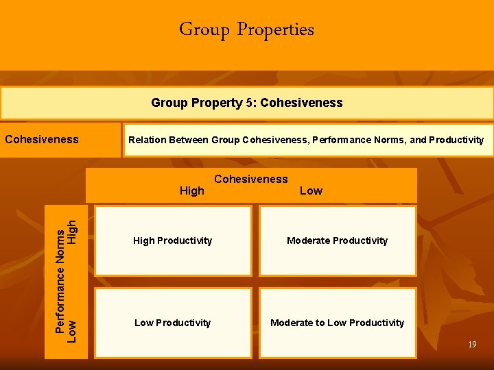 Group Properties Group Property 5: Cohesiveness Relation Between Group Cohesiveness, Performance Norms, and Productivity