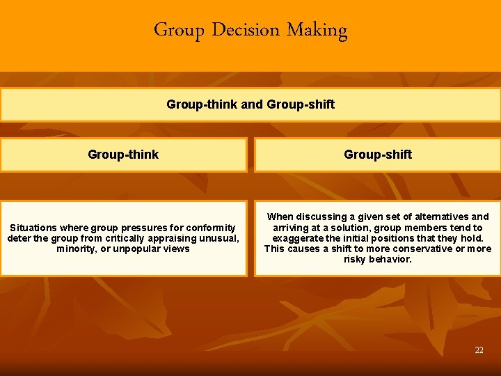Group Decision Making Group-think and Group-shift Group-think Group-shift Situations where group pressures for conformity