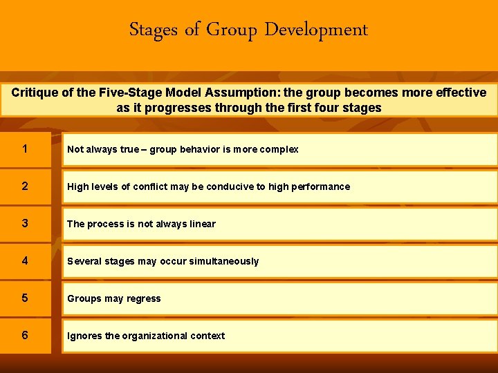 Stages of Group Development Critique of the Five-Stage Model Assumption: the group becomes more