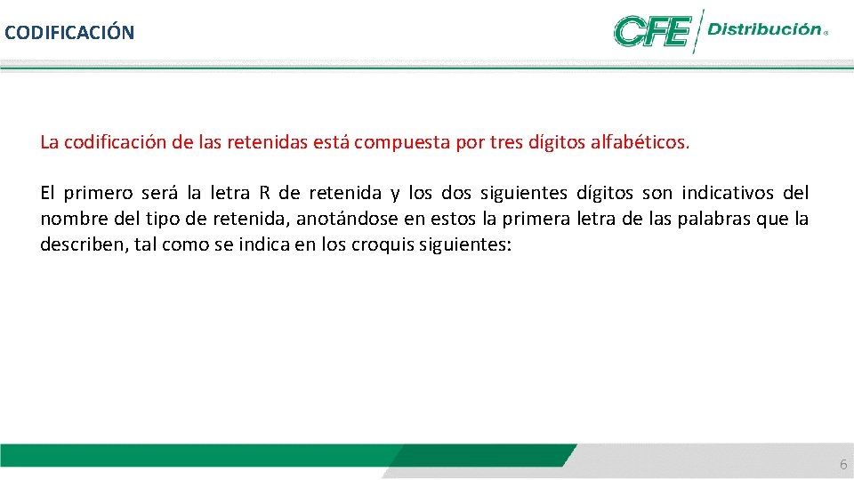 CODIFICACIÓN La codificación de las retenidas está compuesta por tres dígitos alfabéticos. El primero