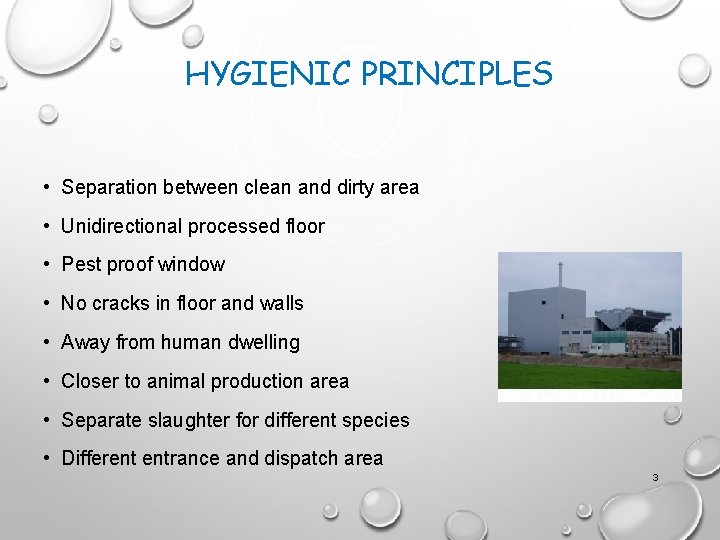 HYGIENIC PRINCIPLES • Separation between clean and dirty area • Unidirectional processed floor •