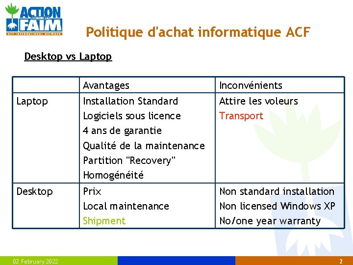 Politique d'achat informatique ACF Desktop vs Laptop Avantages Inconvénients Laptop Installation Standard Logiciels sous