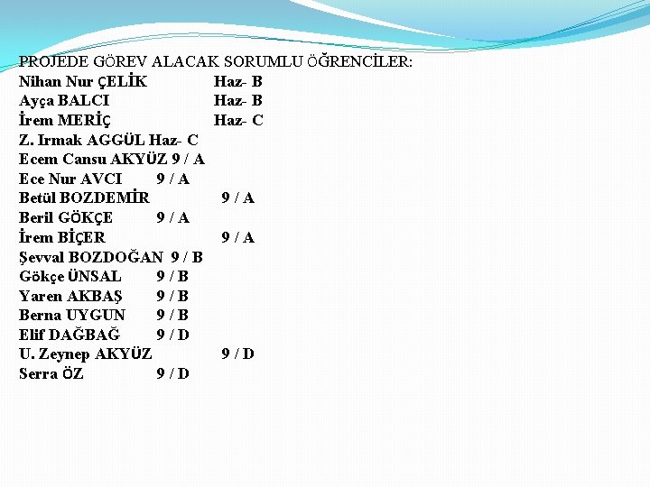 PROJEDE GÖREV ALACAK SORUMLU ÖĞRENCİLER: Nihan Nur ÇELİK Haz- B Ayça BALCI Haz- B
