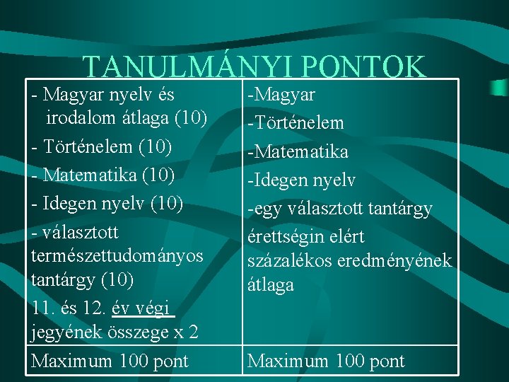 TANULMÁNYI PONTOK - Magyar nyelv és irodalom átlaga (10) - Történelem (10) - Matematika