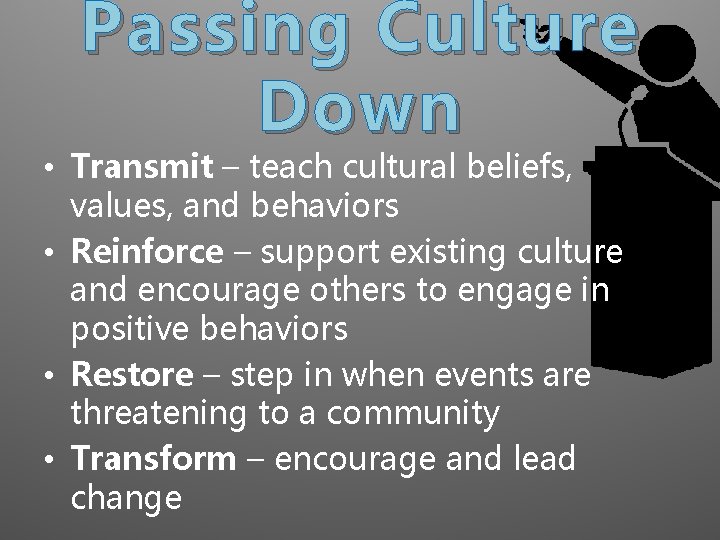 Passing Culture Down • Transmit – teach cultural beliefs, values, and behaviors • Reinforce